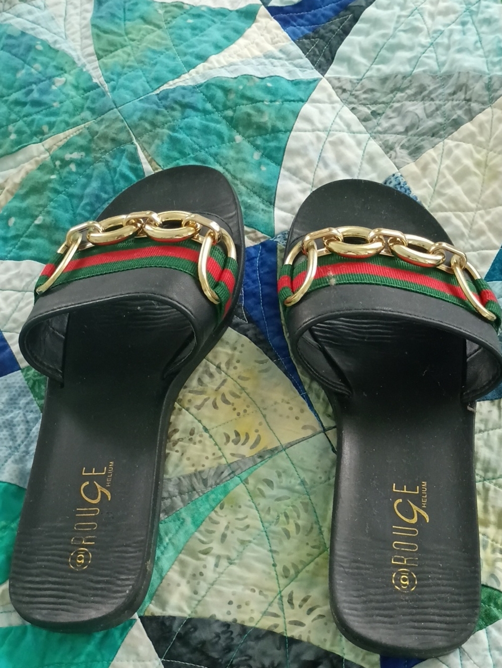 Rouge Helium Black Slide Mules with Green and Red Stripe and Gold Chain